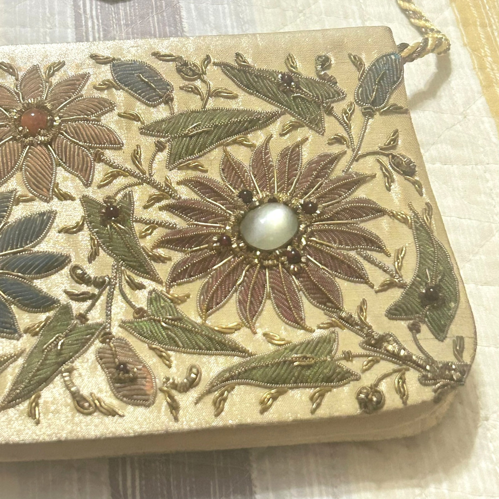 Vintage Kane M Shoulder Bag Purse Gold Beaded Floral Embroidered Stones Evening - Picture 4 of 16